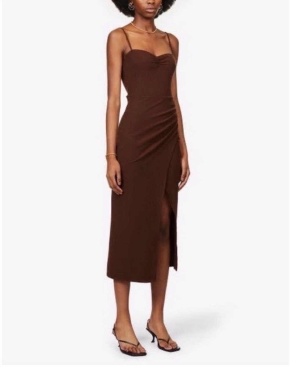 Reformation Brown Ribbed Midi Slip Dress with Side Slit